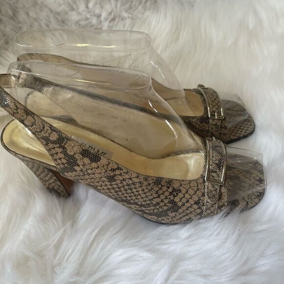 Bill Blass leather snake skin print beige & taupe open toe sandals size 9.5 - Picture 2 of 10